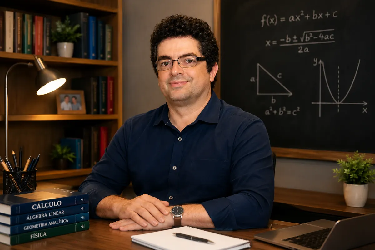 Professor Márcio Vieira Silva em sua sala de aulas particulares com livros de Matemática e Física