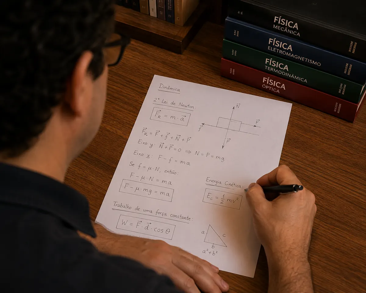 Professor Márcio resolvendo exercícios de Física — Dinâmica, 2ª Lei de Newton e Energia Cinética